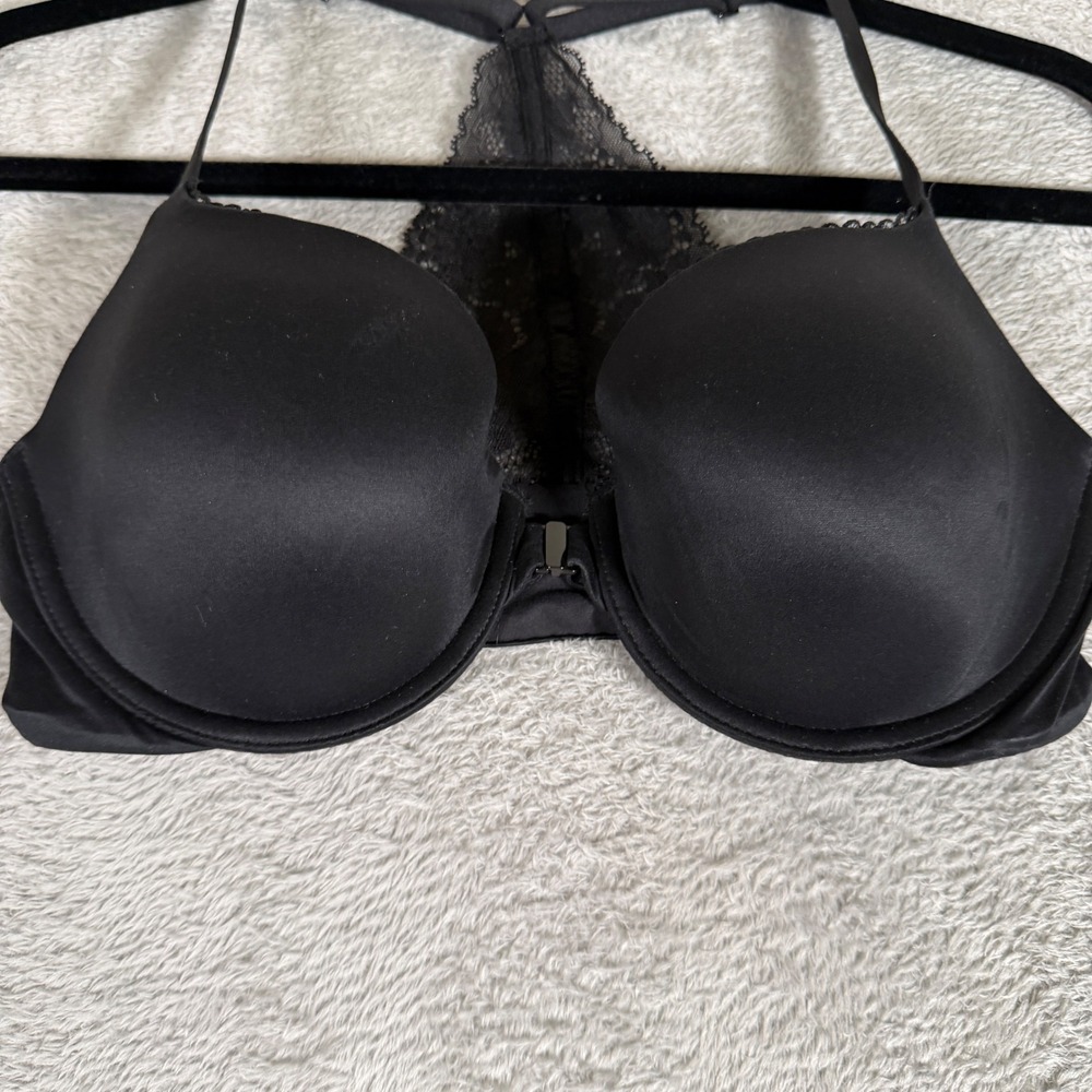 VICTORIAS SECRET 34D Black Lined Demi Double Push Up Bra Racerback Front Close - Picture 10 of 13